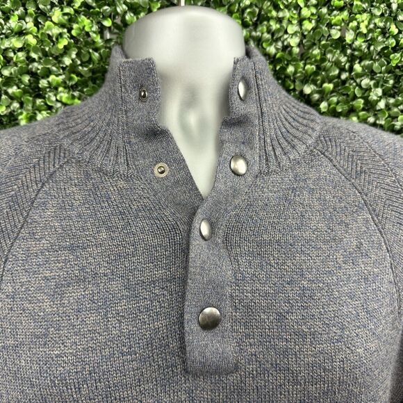 Banana Republic Wool Sweater M Mock Neck Henley Merino Wool Grey Ribbed Preppy - Picture 1 of 8